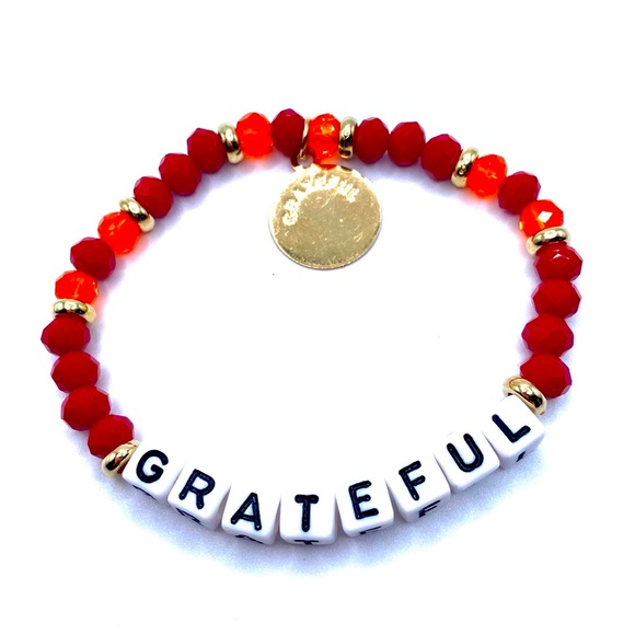 Grateful Beaded Stretch Bracelet Red Gold Tone - Picture 1 of 5